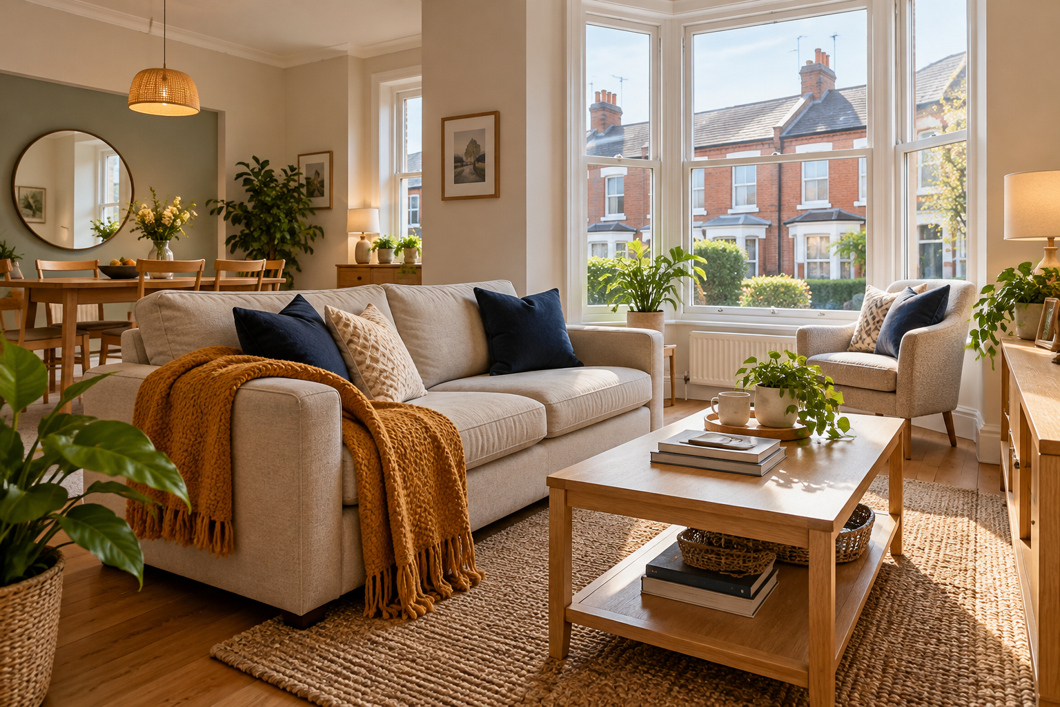 Illustrative welcoming living room with a comfortable sofa and bright bay window